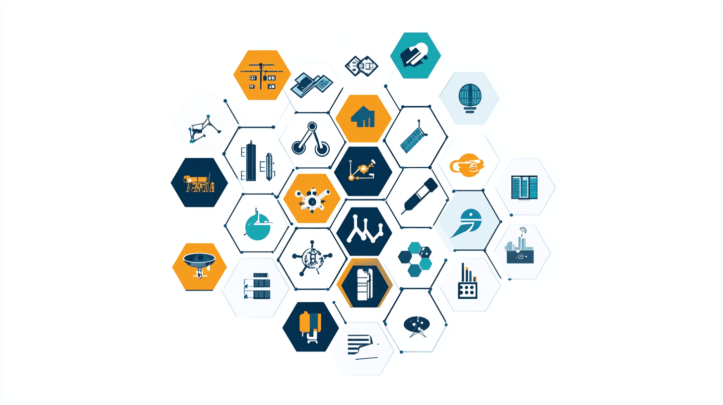 Hexagonal grid of industry icons representing various focus areas from space technology to entertainment. Connected through technological pathways with dynamic intersection points. Minimalist design using OMMG's color scheme.