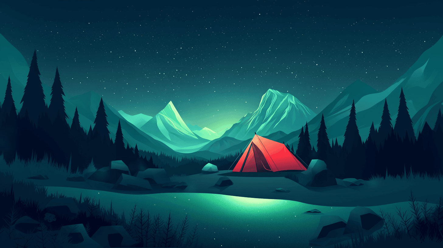 Scenic night view of red tent by a lake with mountains and stars in the background.