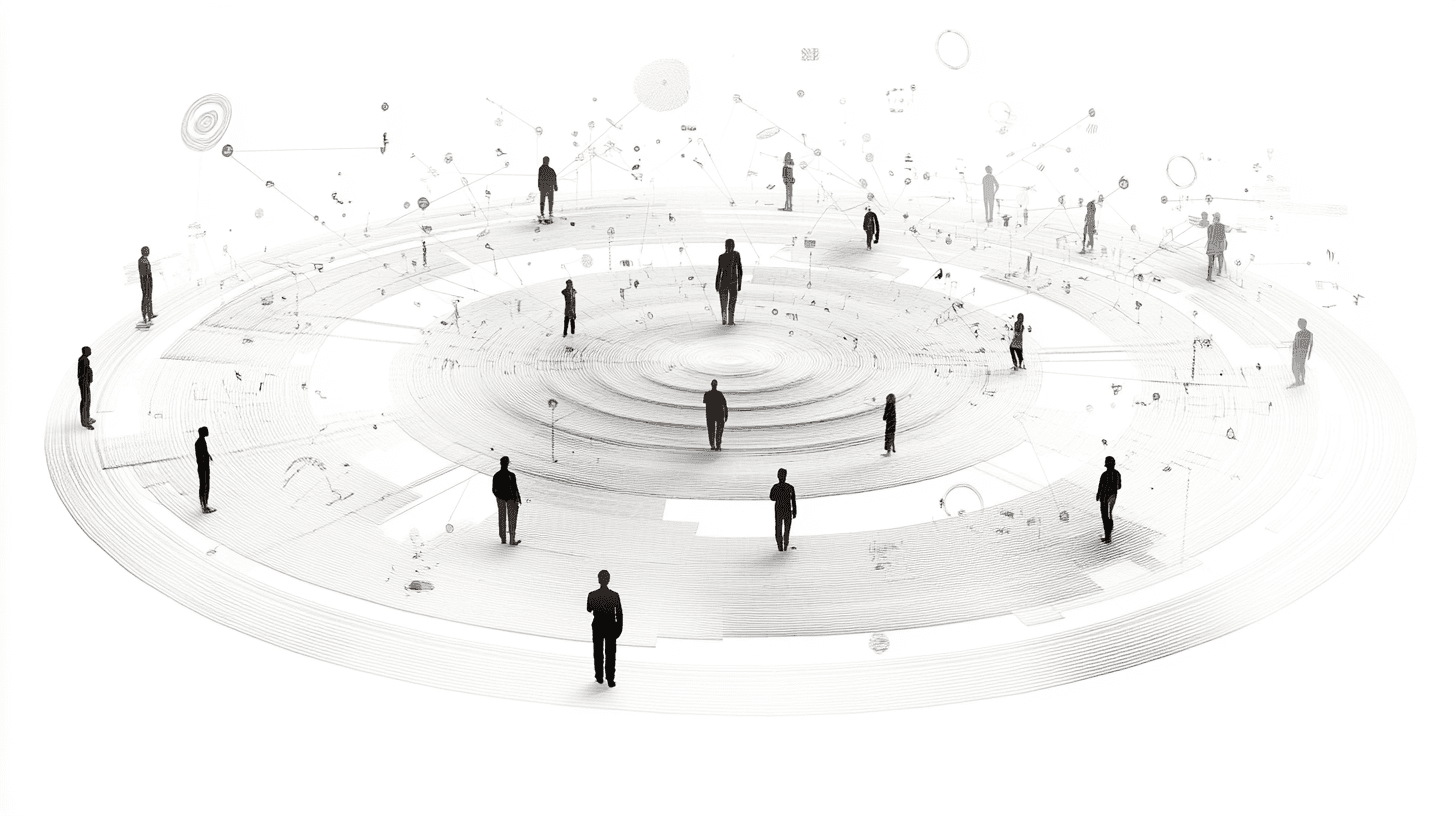 Geometric visualization showing expanding team networks from small to large groups. Circular patterns connect human figures with floating tier indicators, using OMMG's minimal design style and color palette.