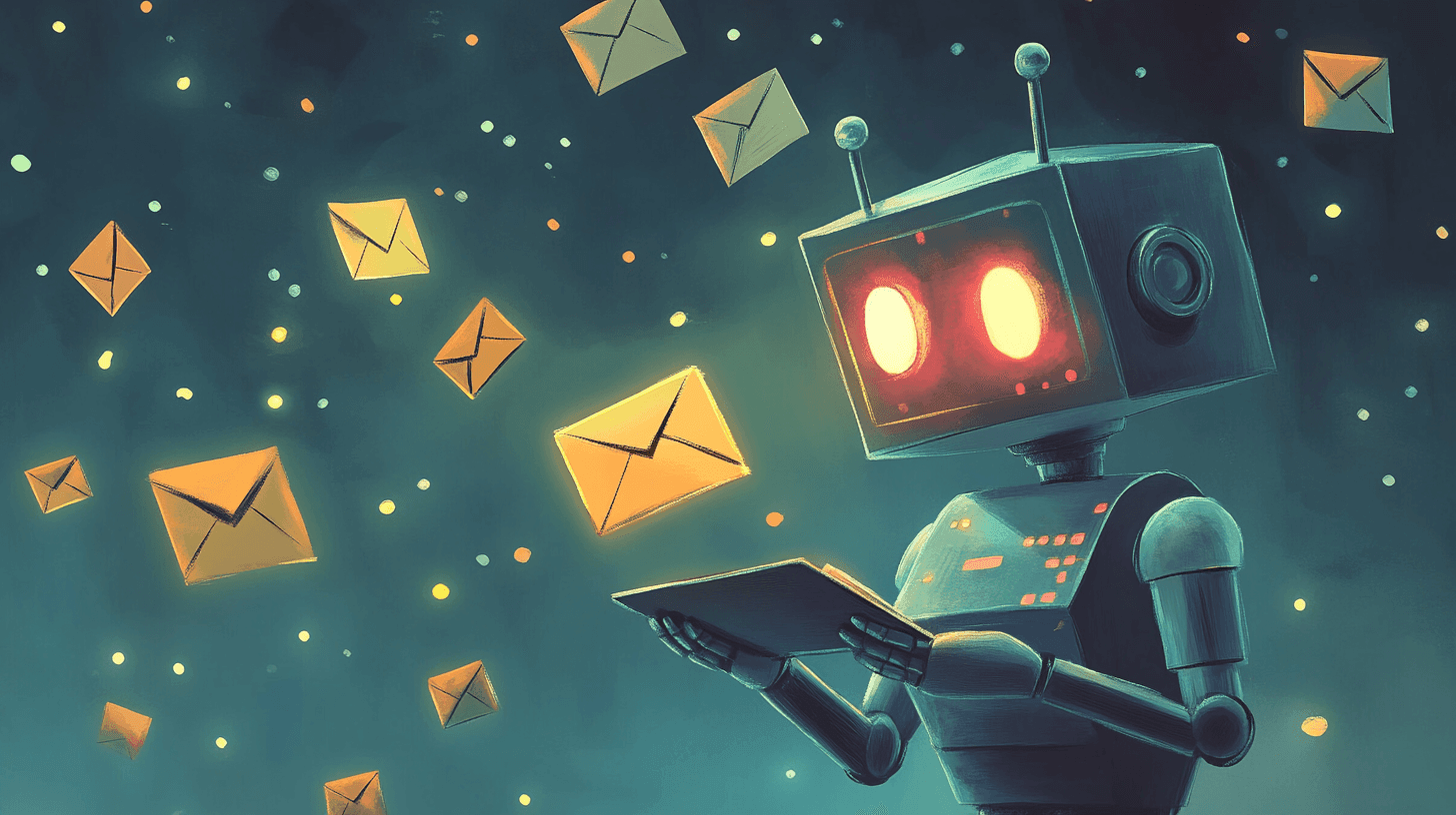 Illustration of a robot holding a tablet surrounded by floating envelopes in a digital space.