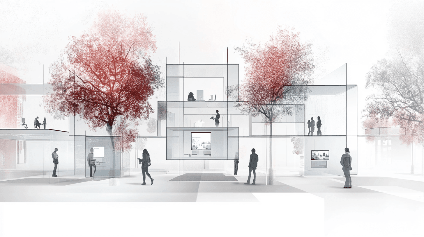 Abstract architectural design with transparent structures, red trees, and people in office settings.