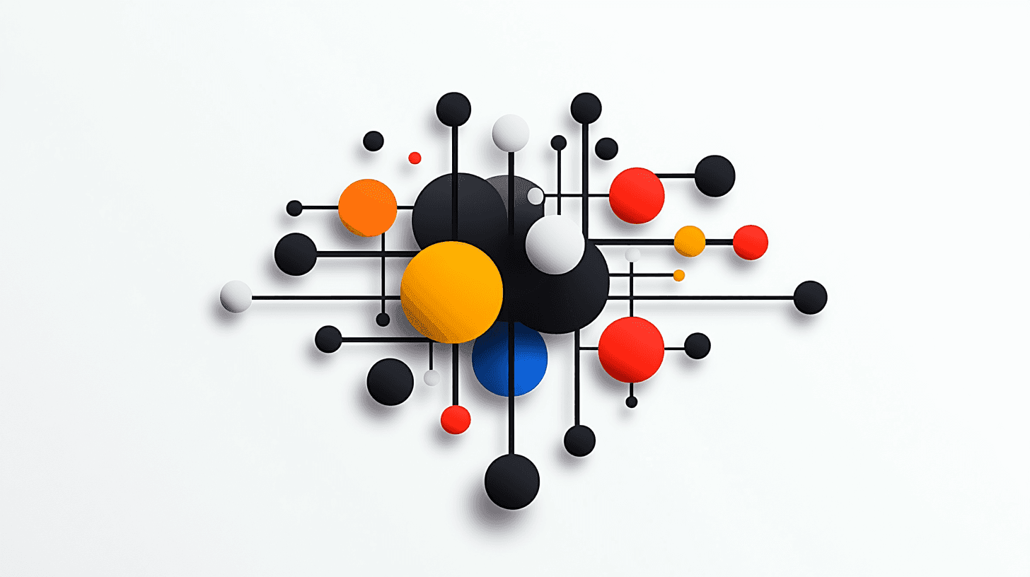 Abstract geometric design with colorful circles connected by lines on a white background.