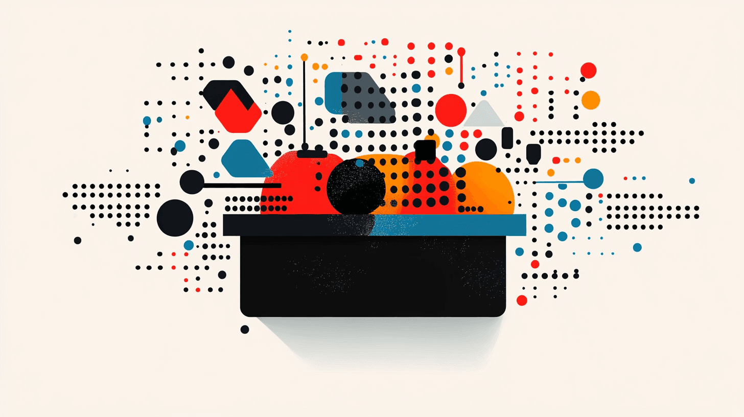 Abstract illustration with colorful geometric shapes and dotted patterns surrounding a black rectangle on a light background.