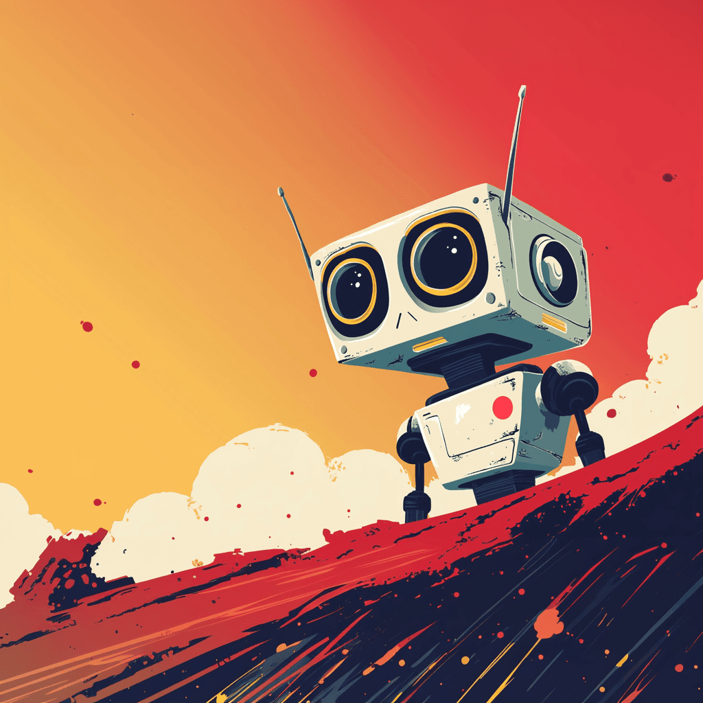 Cartoon robot with large round eyes standing on a colorful hill under an orange and yellow sky.