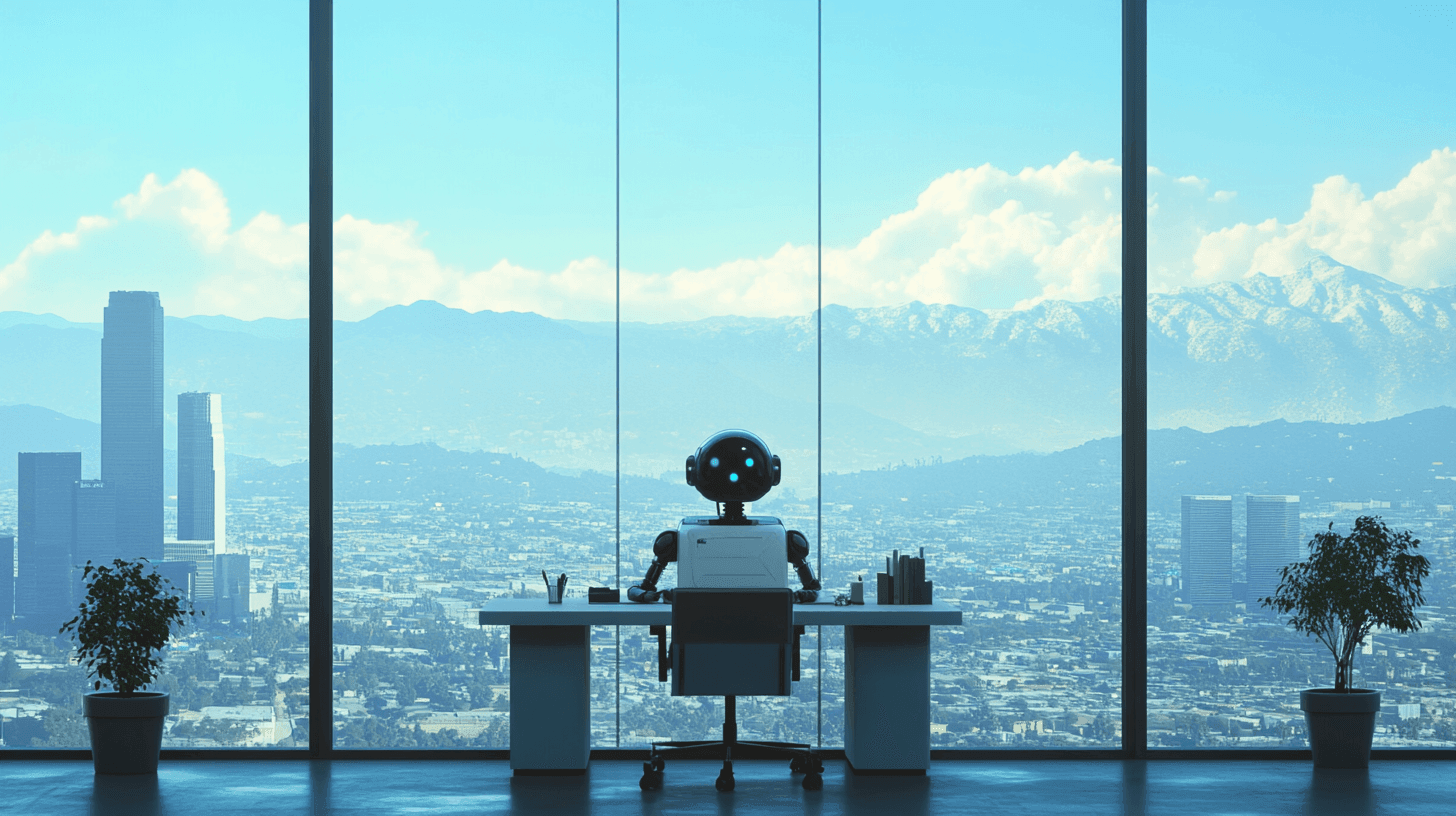 Robot seated at a desk in a modern office with large windows overlooking a cityscape and mountains.