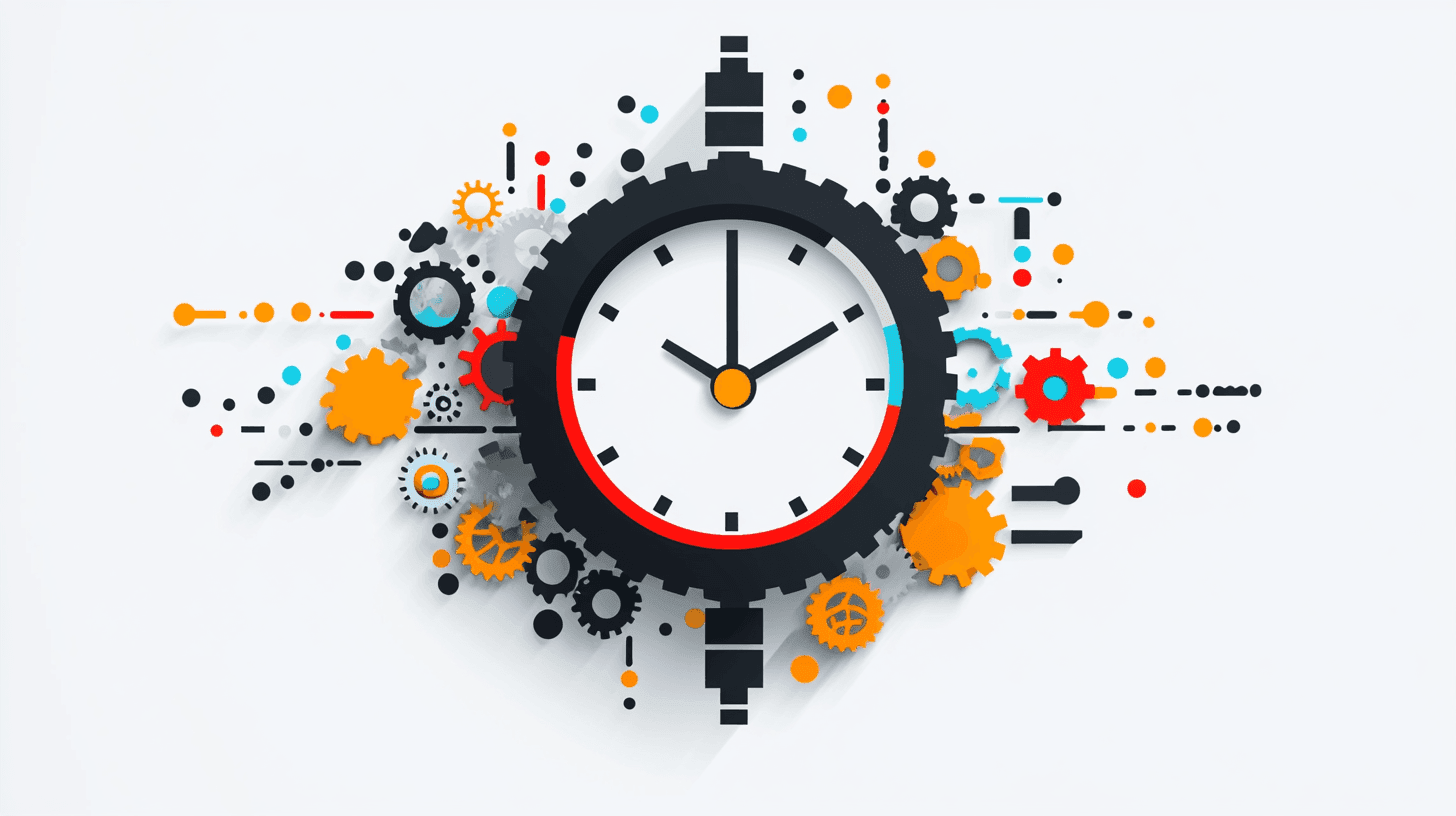 Abstract illustration of a clock surrounded by colorful gears and mechanical components on a light background.