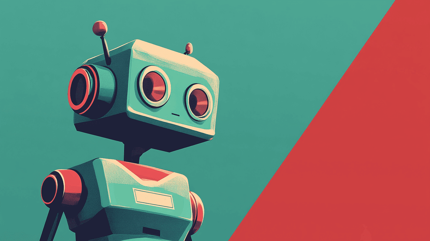 Cartoon-style robot with a rectangular head and round red eyes against a teal and red background.