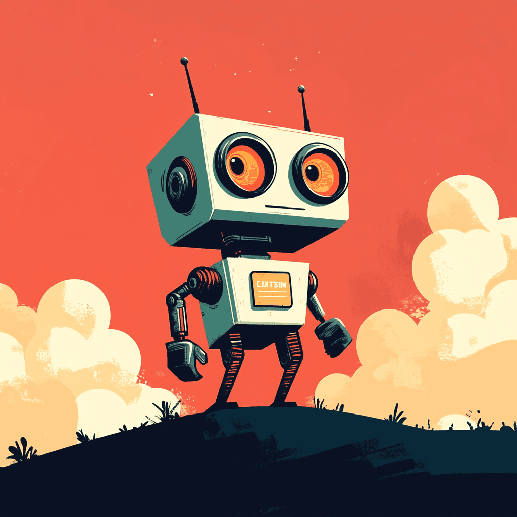 Cartoon robot with large eyes standing on a hill against an orange sky with white clouds.