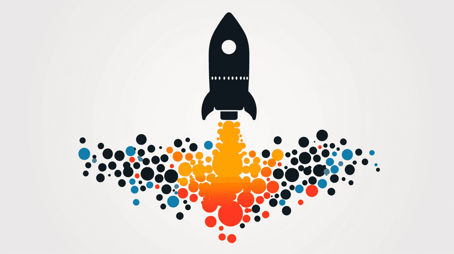 Illustration of a rocket taking off with colorful circles representing smoke or fire below it.