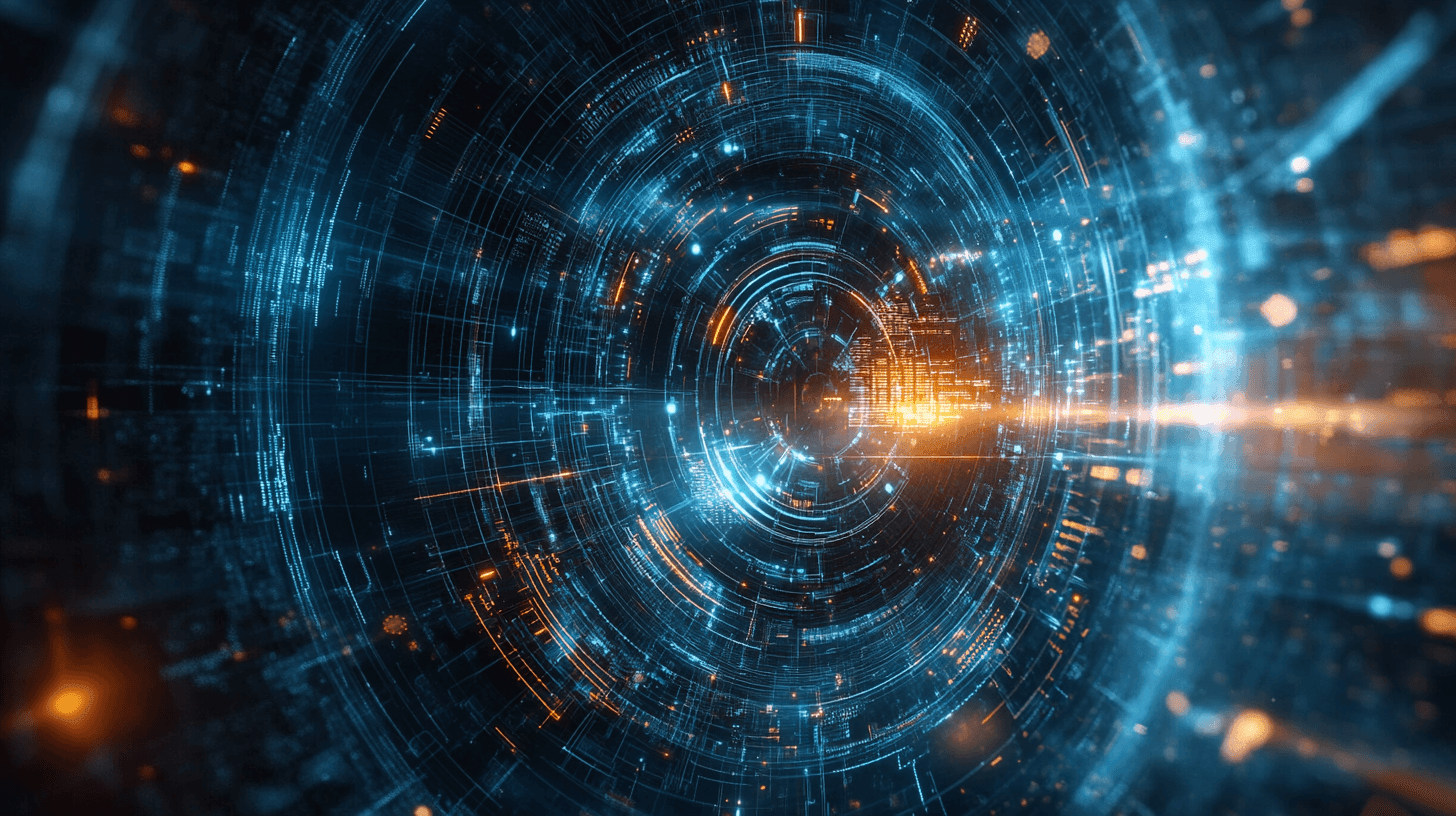 A technical blueprint evolving into a digital system, featuring abstract gears and connectors. Strategic session nodes connect through energy pathways, while progress metrics float above. Clean, minimalist design with OMMG's colors.